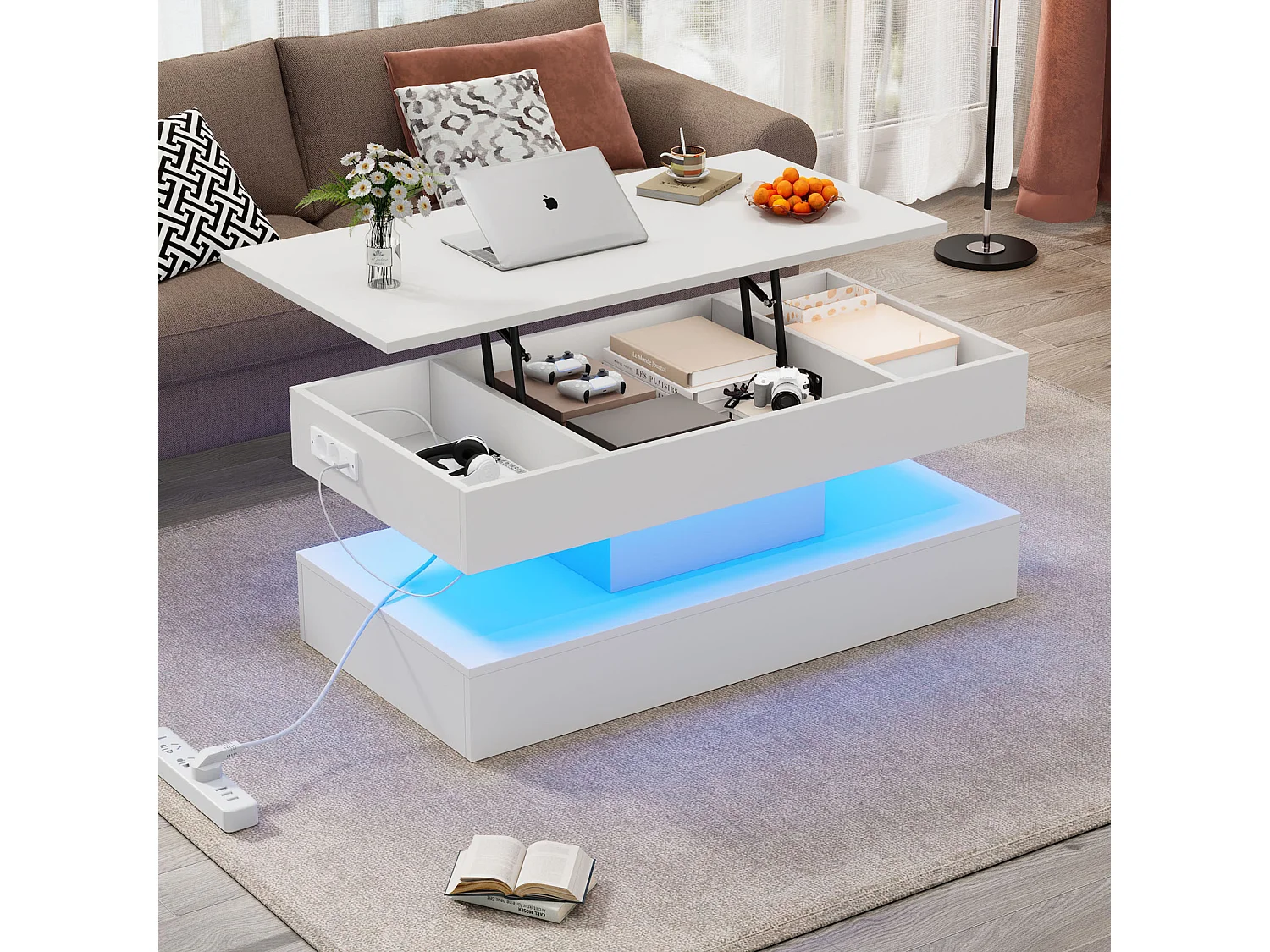 Mesa de centro moderna com iluminação LED - Tampo elevatório hidráulico - Armazenamento integrado - 100x50x42 cm, branca