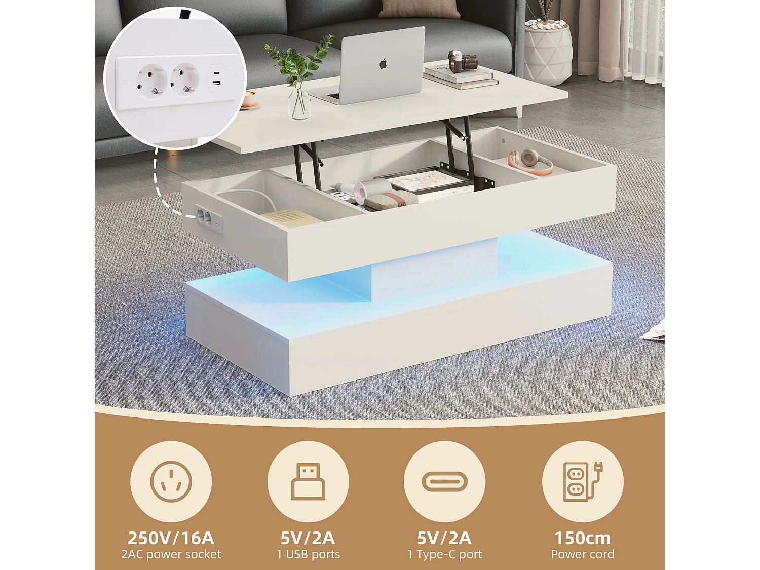 Mesa de centro moderna com iluminação LED - Tampo elevatório hidráulico - Armazenamento integrado - 100x50x42 cm, branca