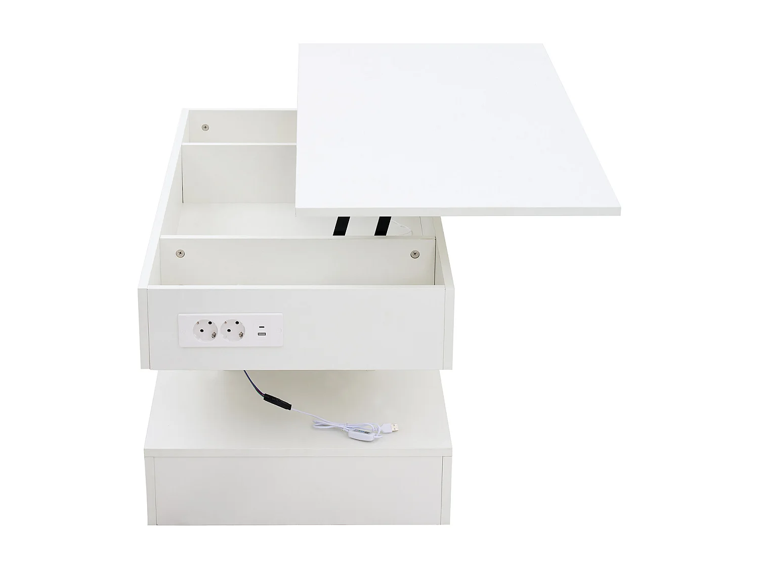 Mesa de centro moderna com iluminação LED - Tampo elevatório hidráulico - Armazenamento integrado - 100x50x42 cm, branca