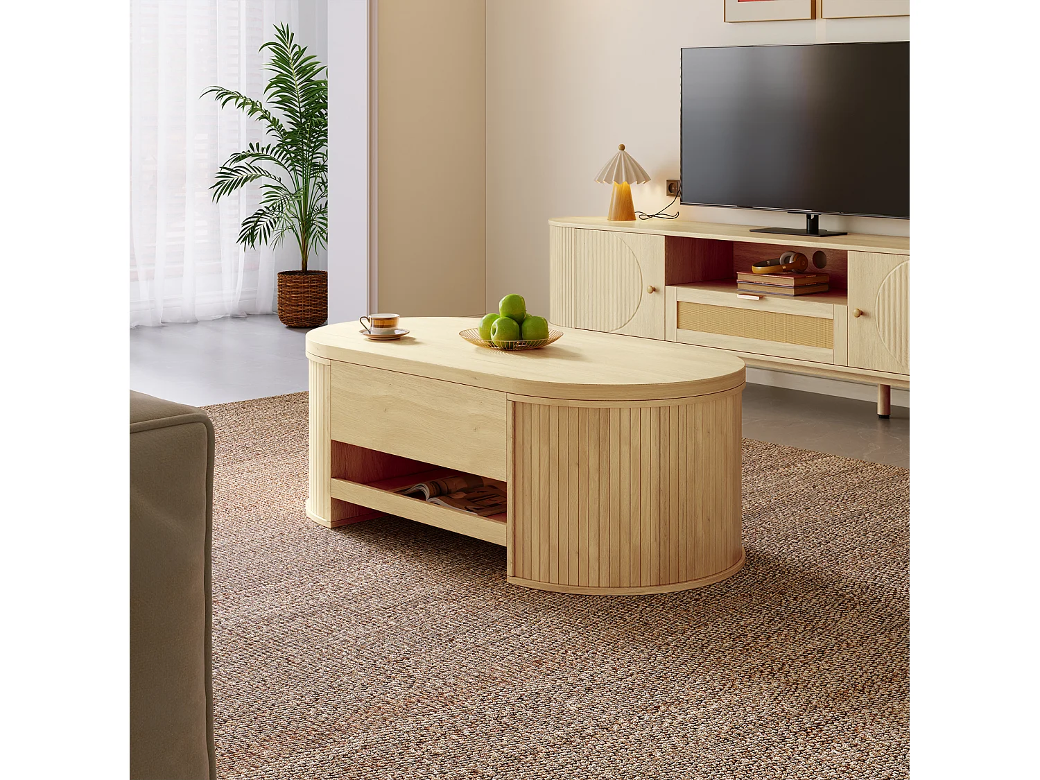 Mesa de centro para sala de estar com tampo ajustável em altura e espaço de armazenamento oculto, cor natural.