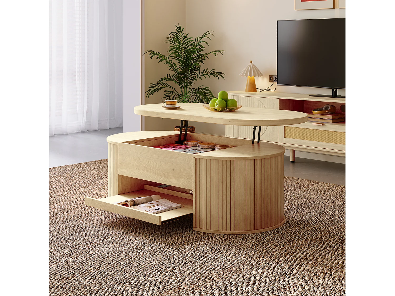 Mesa de centro para sala de estar com tampo ajustável em altura e espaço de armazenamento oculto, cor natural.