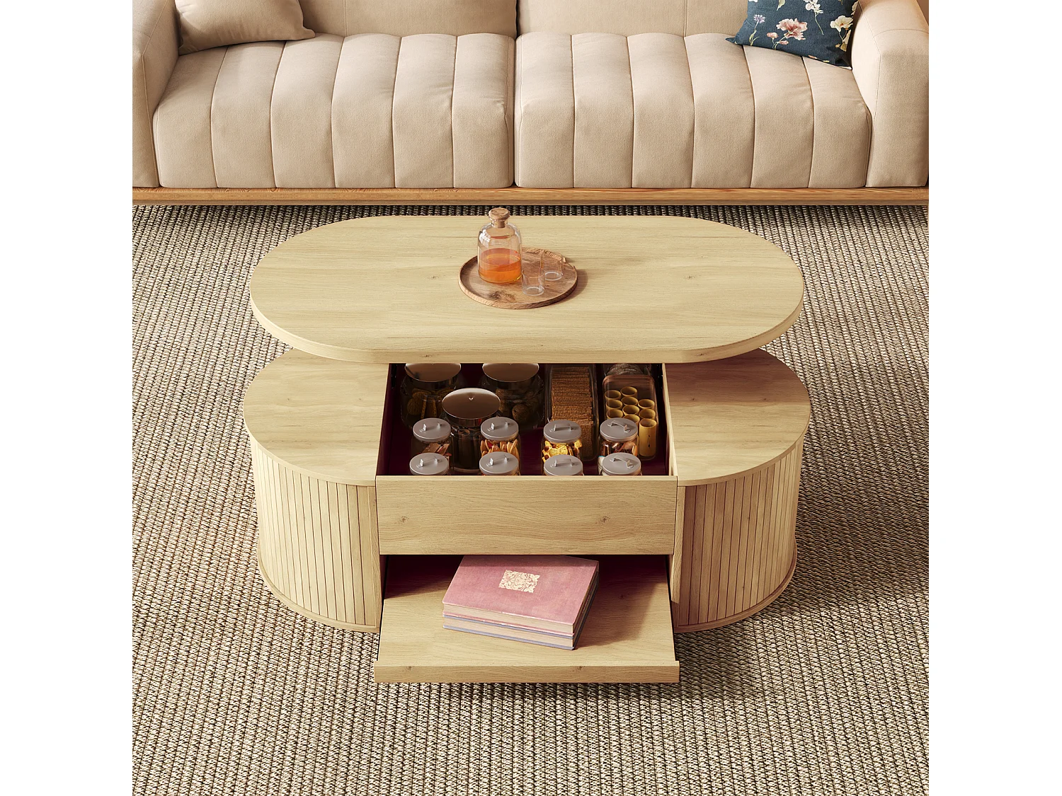 Mesa de centro para sala de estar com tampo ajustável em altura e espaço de armazenamento oculto, cor natural.