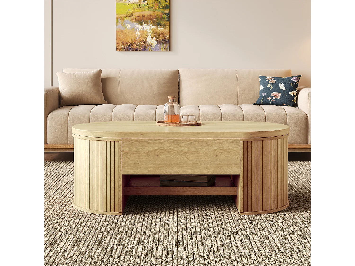 Mesa de centro para sala de estar com tampo ajustável em altura e espaço de armazenamento oculto, cor natural.