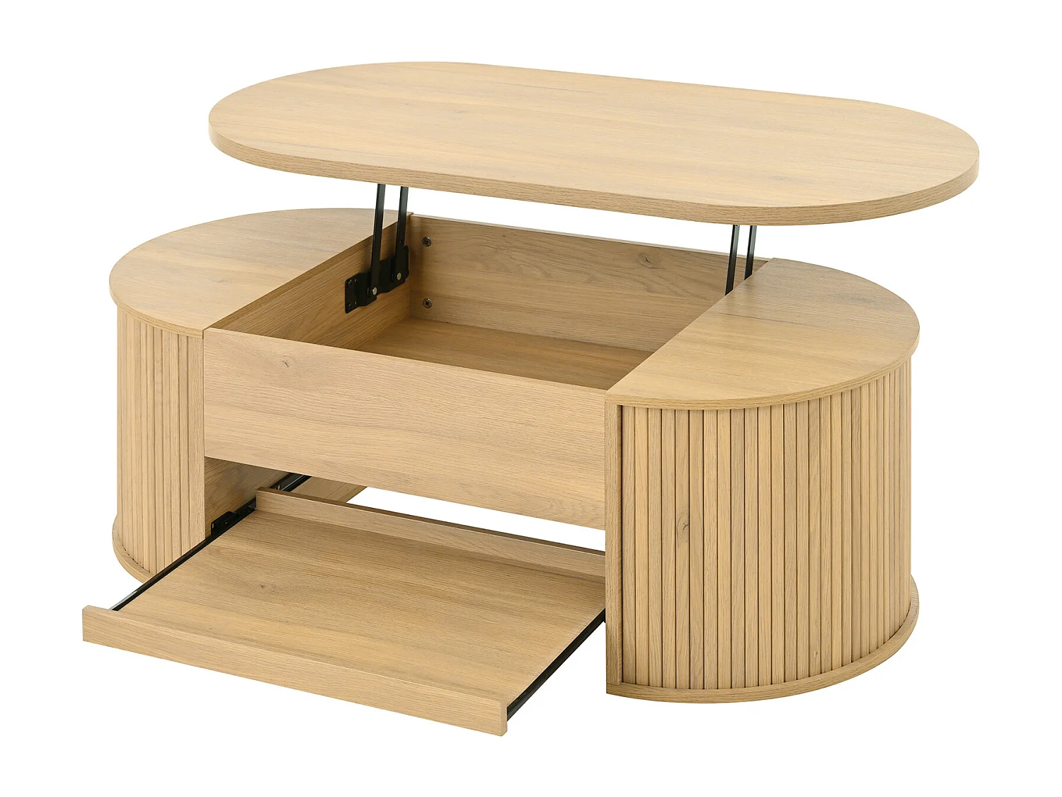 Mesa de centro para sala de estar com tampo ajustável em altura e espaço de armazenamento oculto, cor natural.