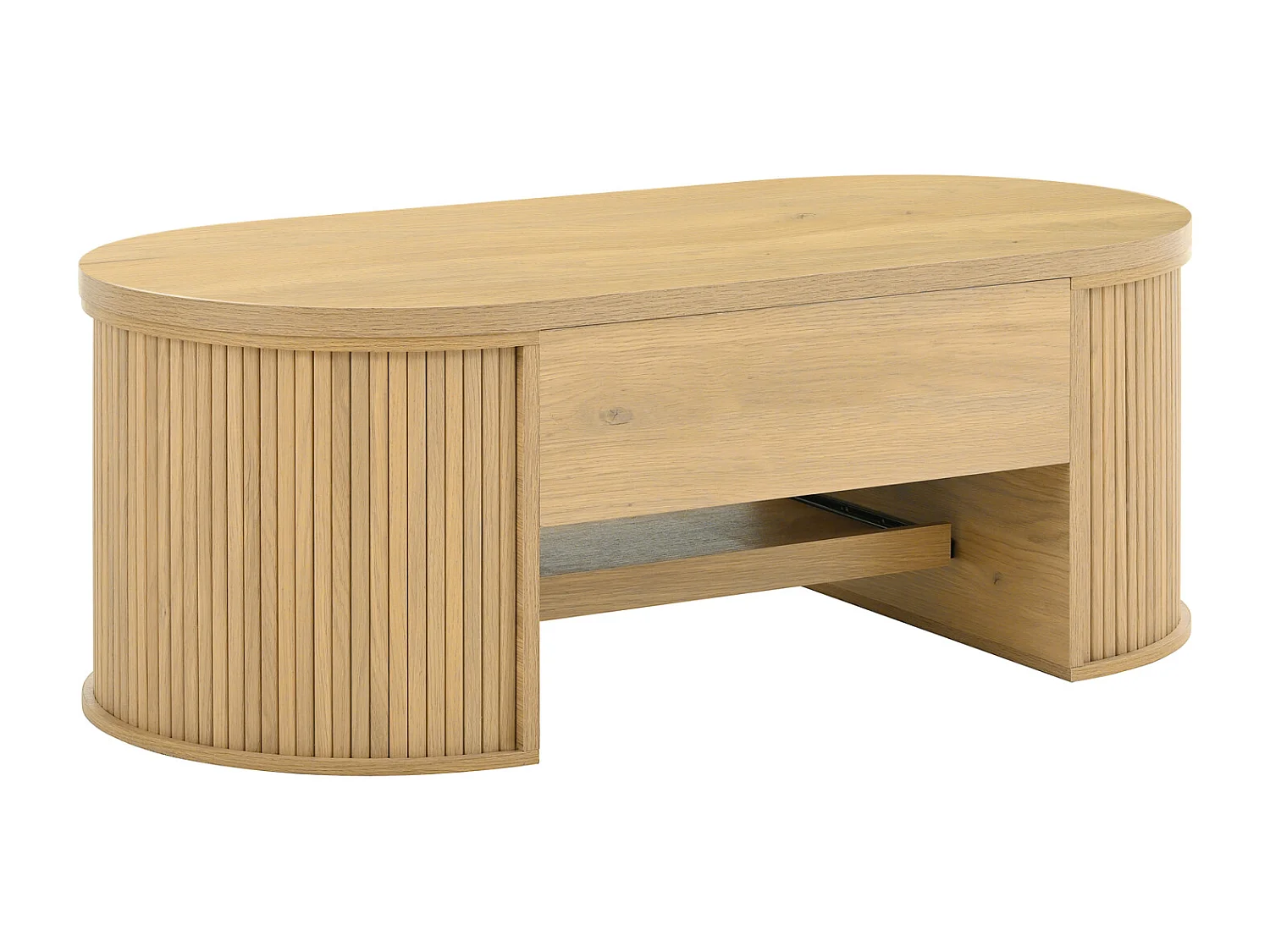 Mesa de centro para sala de estar com tampo ajustável em altura e espaço de armazenamento oculto, cor natural.