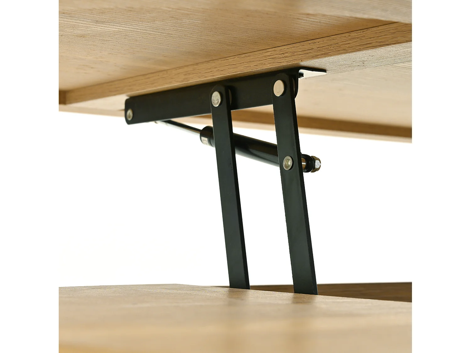 Mesa de centro para sala de estar com tampo ajustável em altura e espaço de armazenamento oculto, cor natural.