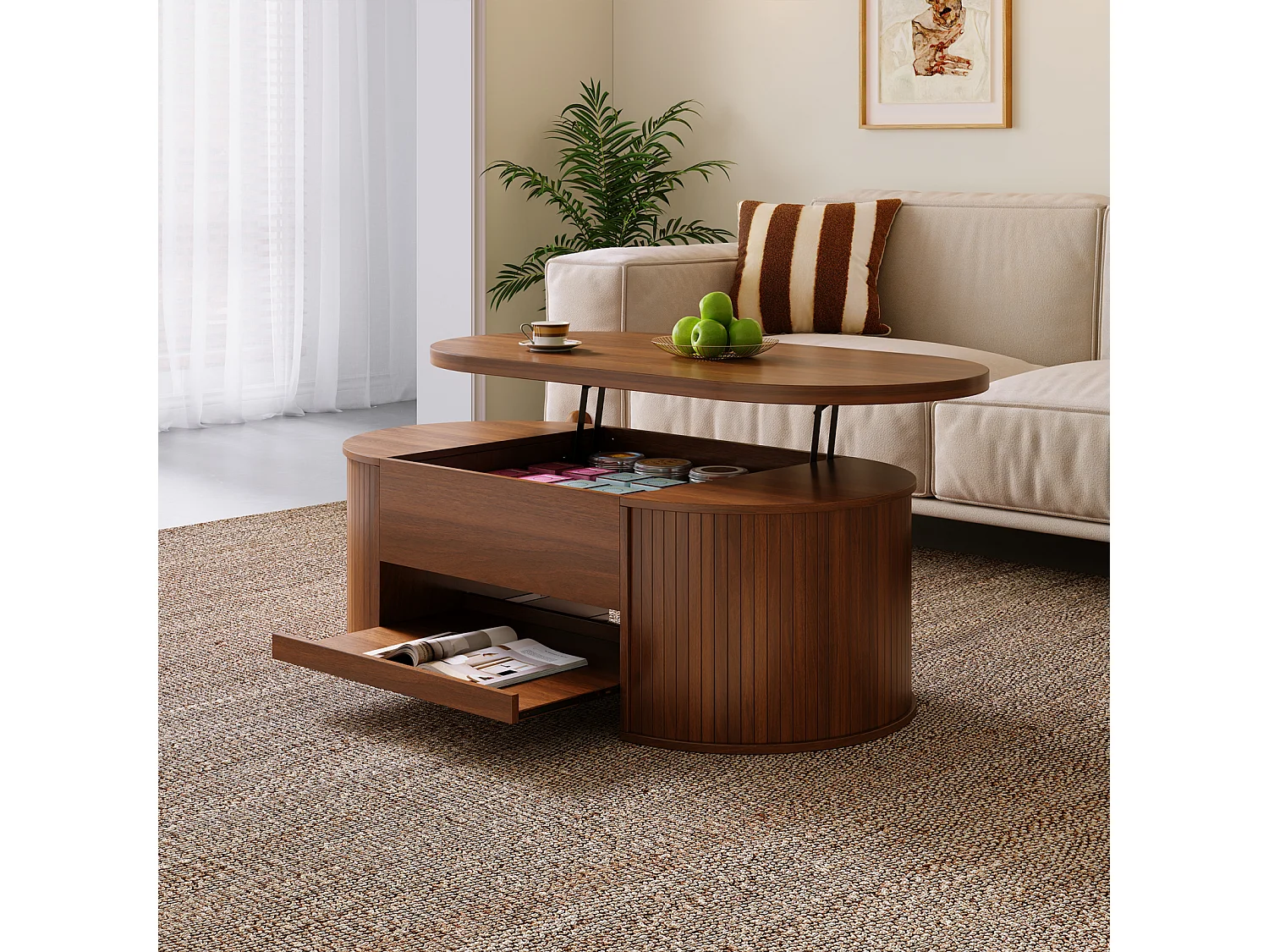 Table basse de salon avec plateau réglable en hauteur et espace de rangement caché, noyer