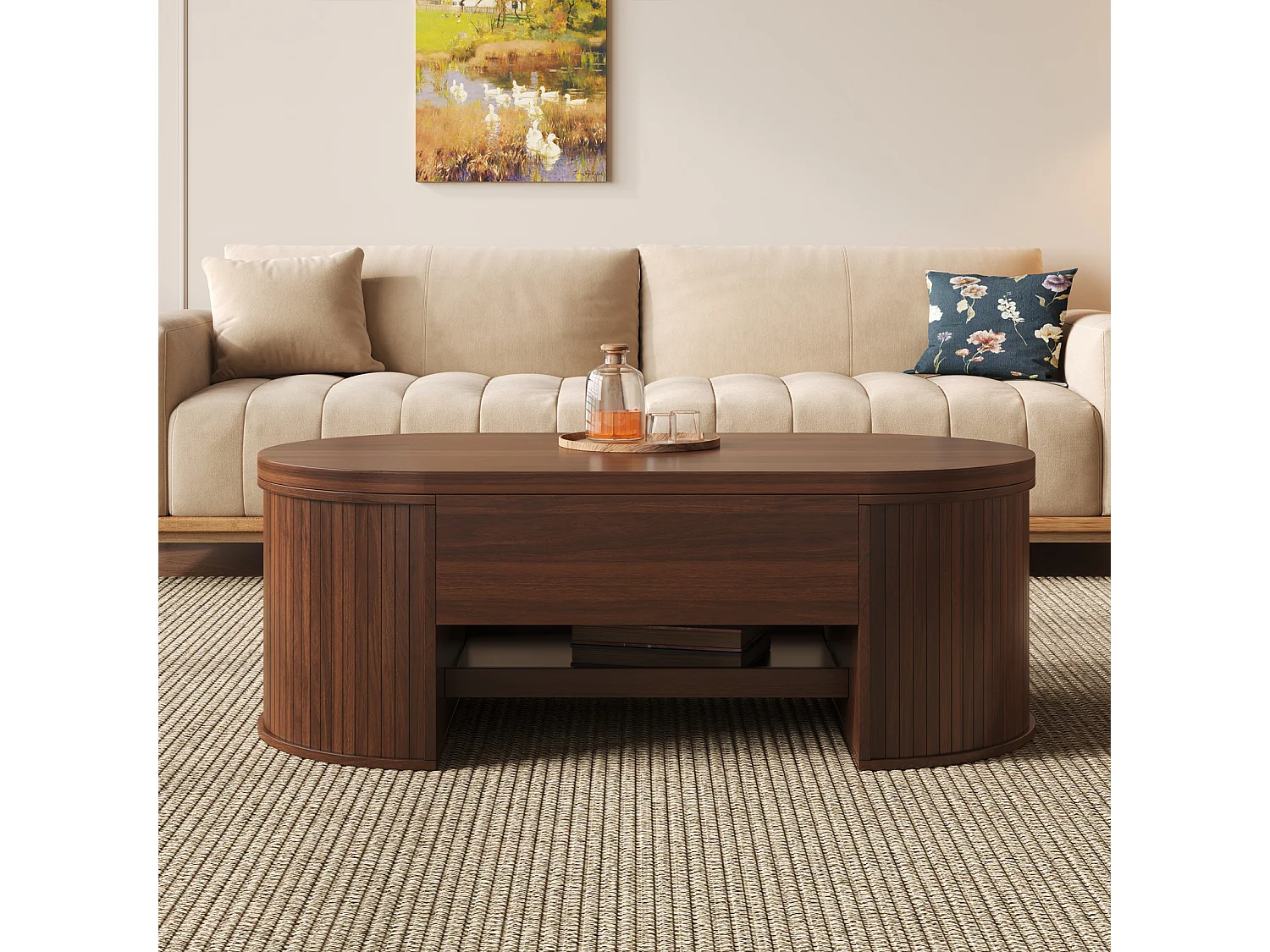 Table basse de salon avec plateau réglable en hauteur et espace de rangement caché, noyer