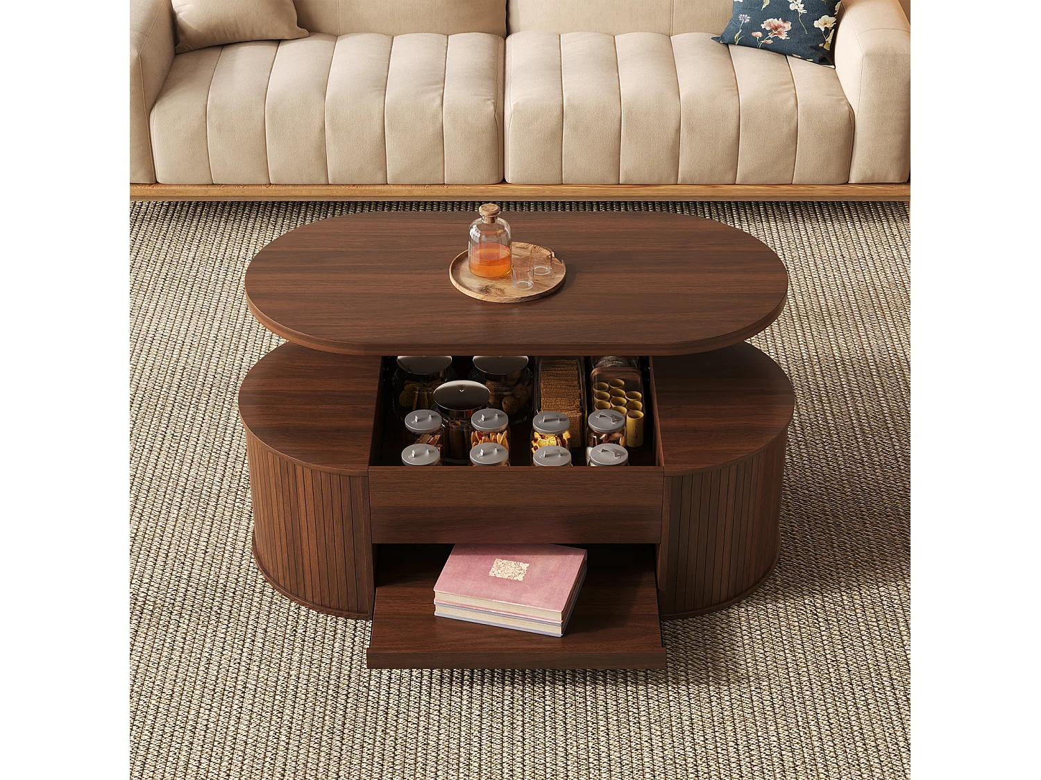 Table basse de salon avec plateau réglable en hauteur et espace de rangement caché, noyer