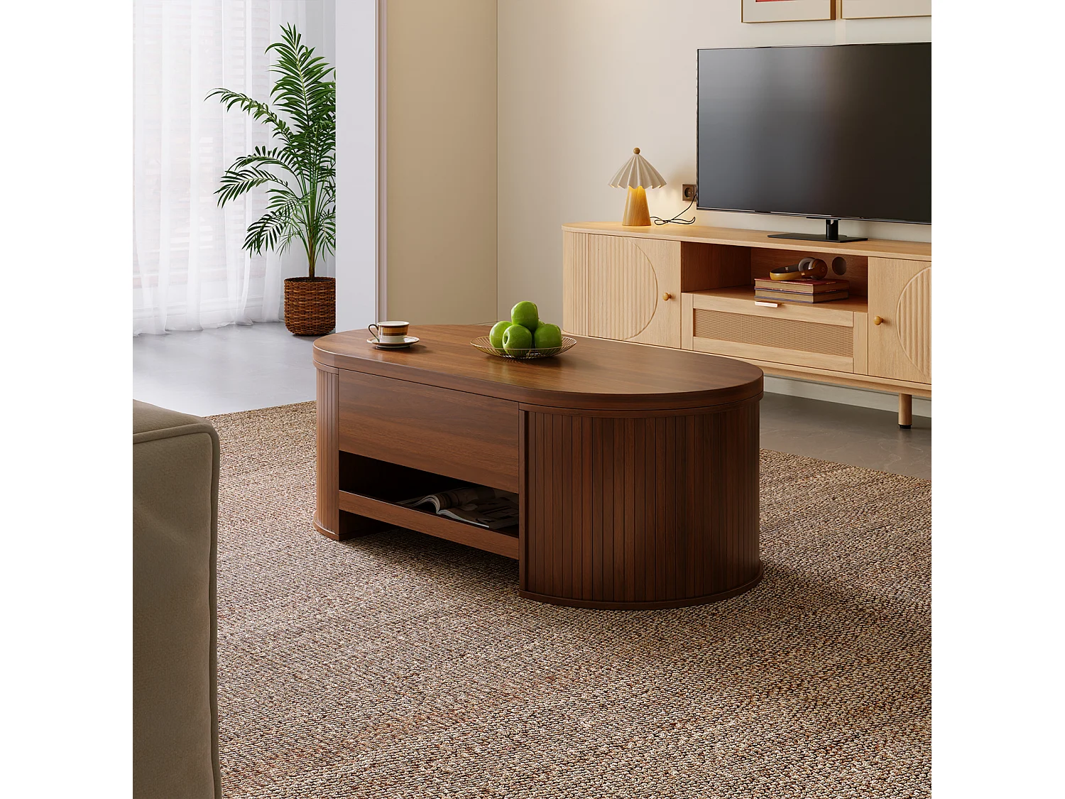 Table basse de salon avec plateau réglable en hauteur et espace de rangement caché, noyer