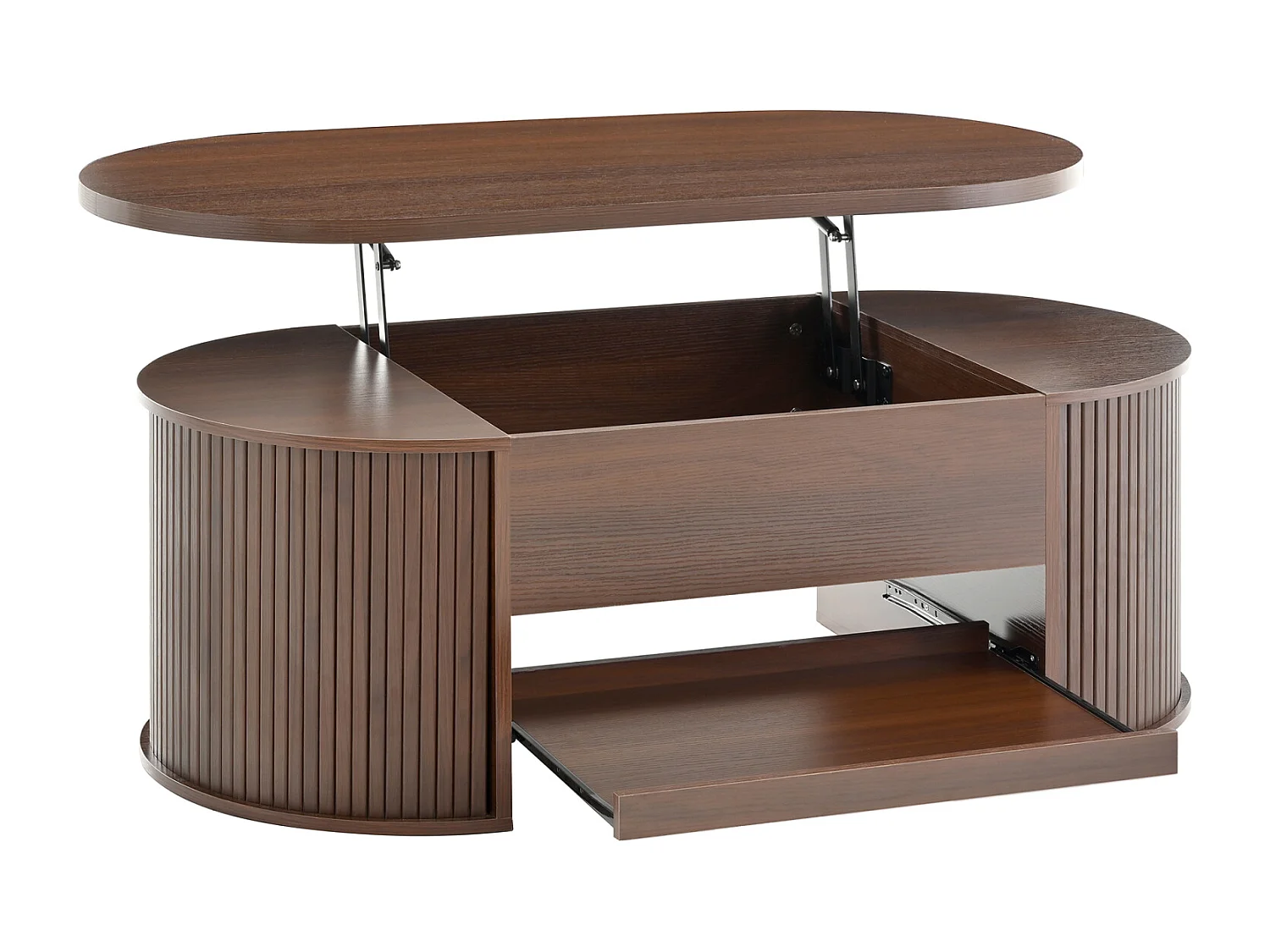 Table basse de salon avec plateau réglable en hauteur et espace de rangement caché, noyer