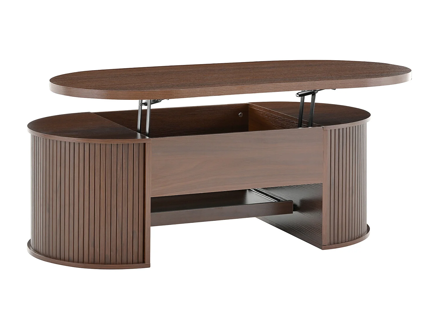 Table basse de salon avec plateau réglable en hauteur et espace de rangement caché, noyer