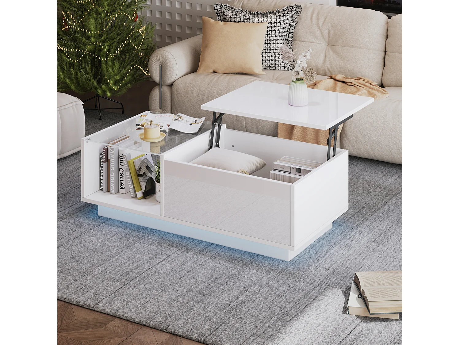 Table basse, réglable en hauteur avec espace de rangement caché et étagère, 50 x 100 x 33cm, blanc