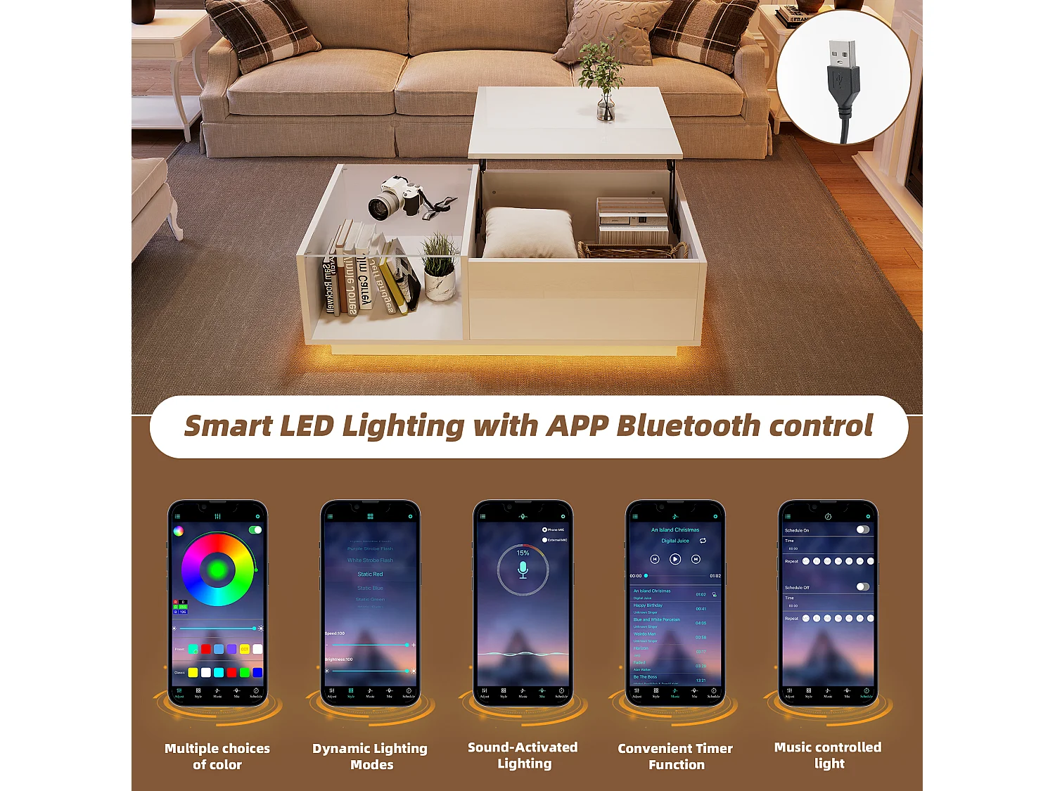 Table basse, réglable en hauteur avec espace de rangement caché et étagère, 50 x 100 x 33cm, blanc