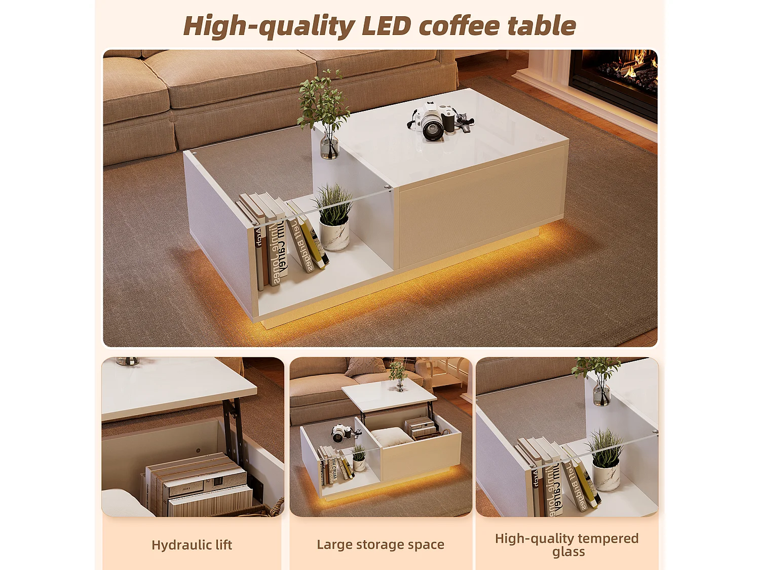 Table basse, réglable en hauteur avec espace de rangement caché et étagère, 50 x 100 x 33cm, blanc