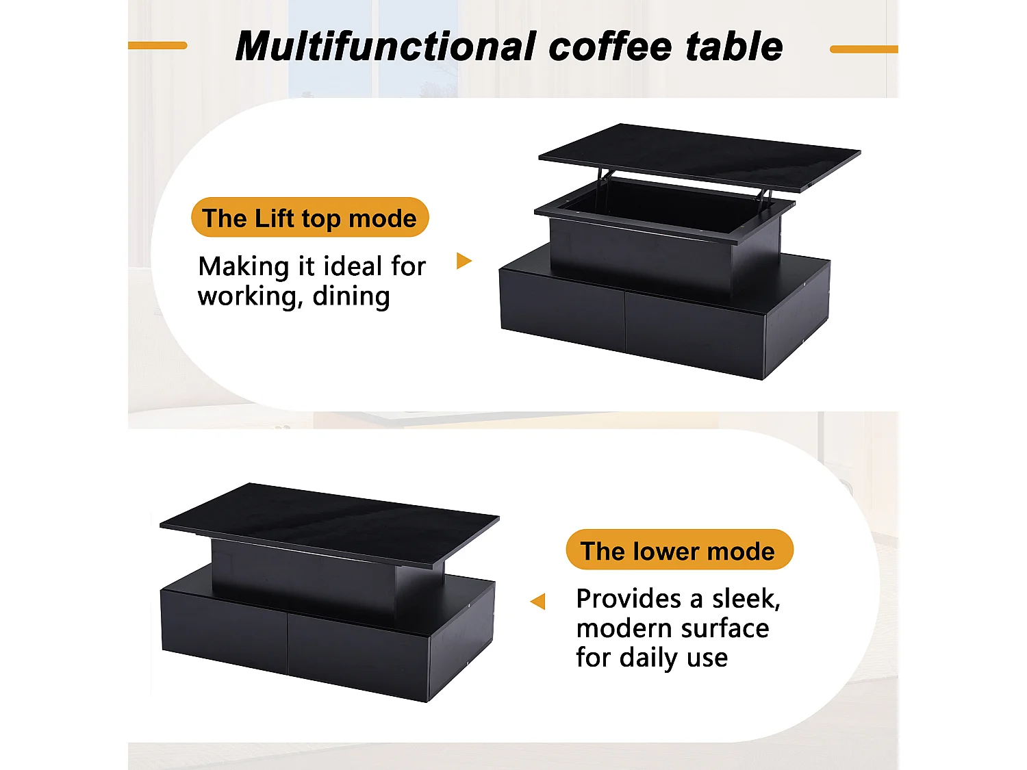 Mesa de centro elevable con 4 cajones, iluminación LED, mueble para salón, negra, 90 x 55 x 41 cm