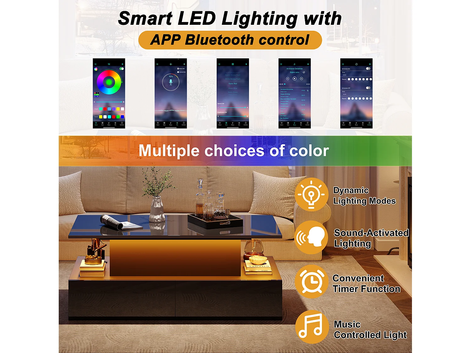 Mesa de centro elevable con 4 cajones, iluminación LED, mueble para salón, negra, 90 x 55 x 41 cm