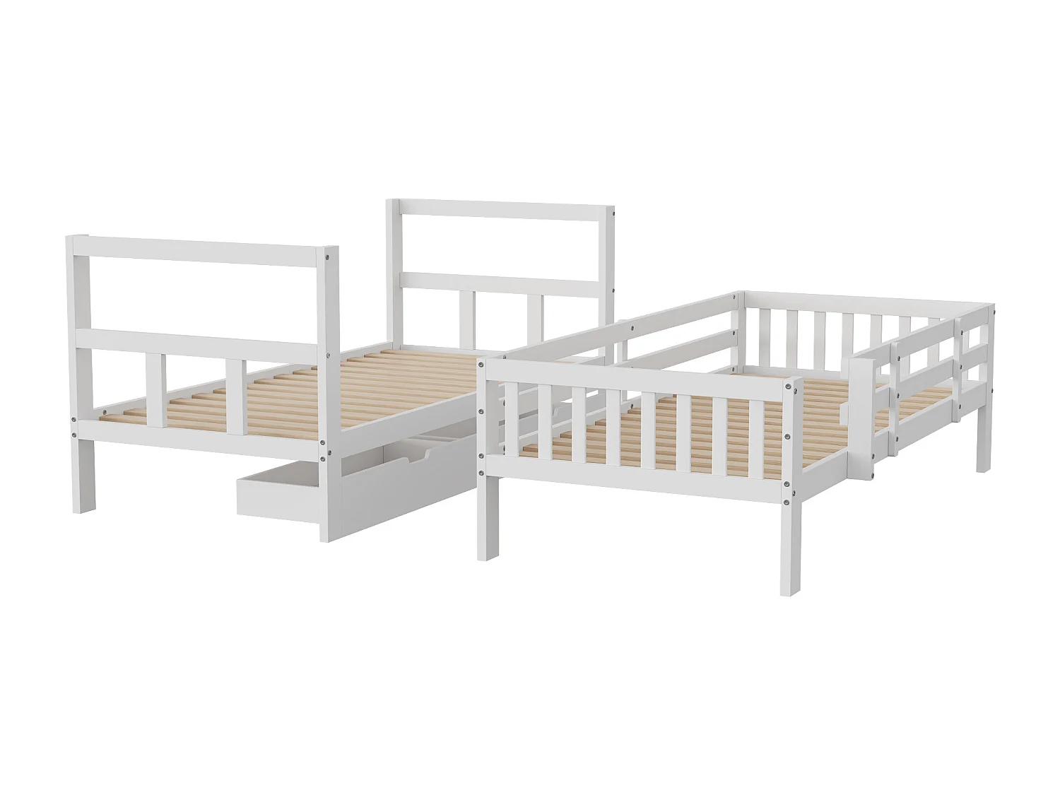 Lit Enfant 90x200 cm – Lit Double avec Tiroirs de Rangement et Sommier à Lattes – Bois – Blanc