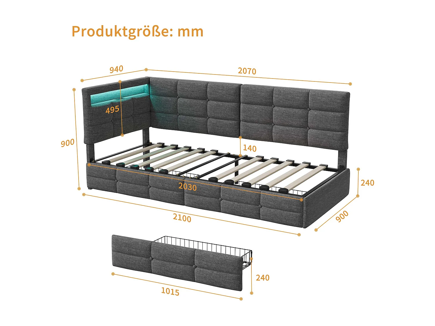 Lit Enfant 90x200 avec 2 Tiroirs,1 Place avec LED et Port USB, avec sommier á Lattes, Lin, Gris