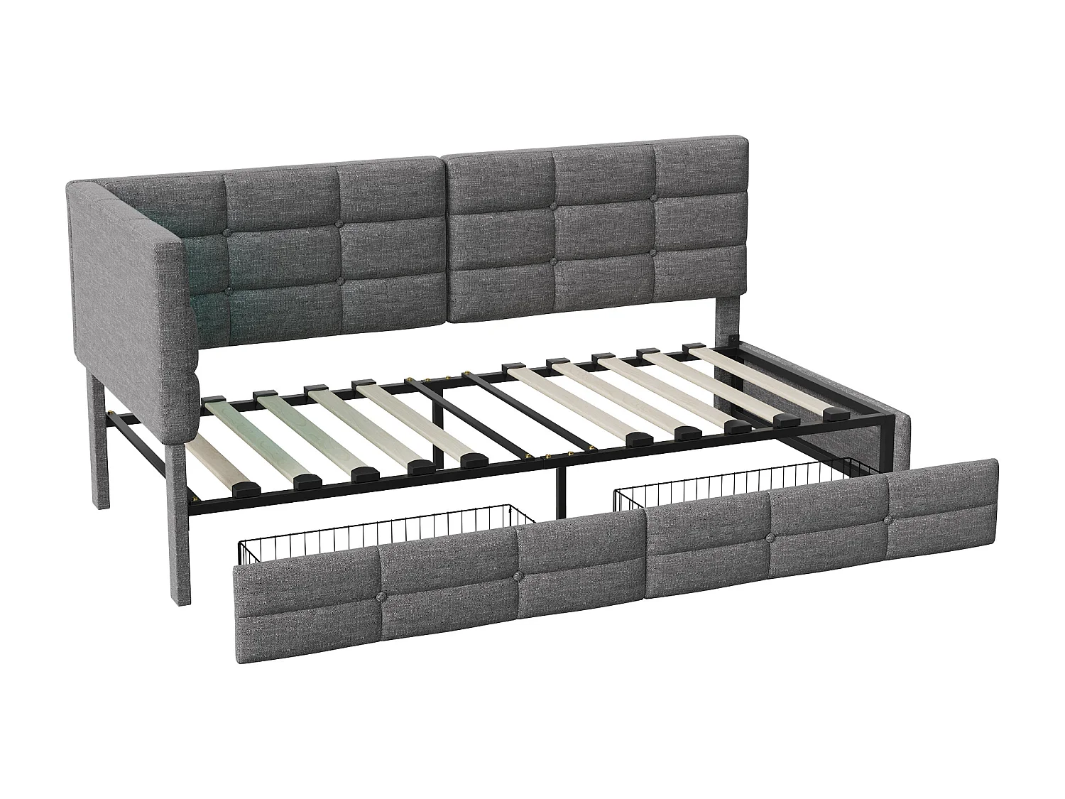 Lit Enfant 90x200 avec 2 Tiroirs,1 Place avec LED et Port USB, avec sommier á Lattes, Lin, Gris