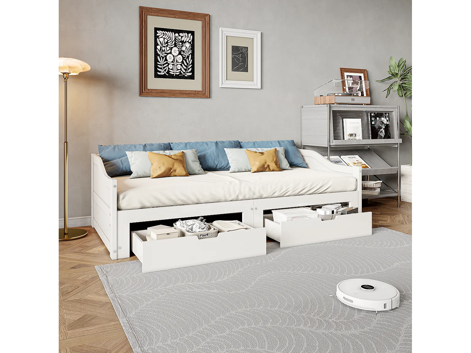 Canapé-lit 2 places 90/180 x 200 cm avec tiroirs et sommier à lattes, cadre extensible, blanc