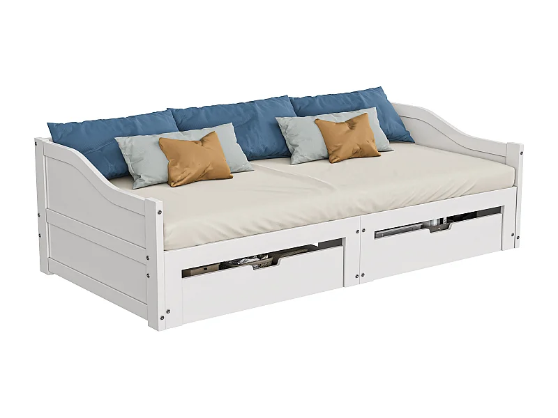 Sofá cama de 2 plazas 90/180 x 200 cm con cajones y somier de láminas, estructura extensible, blanco