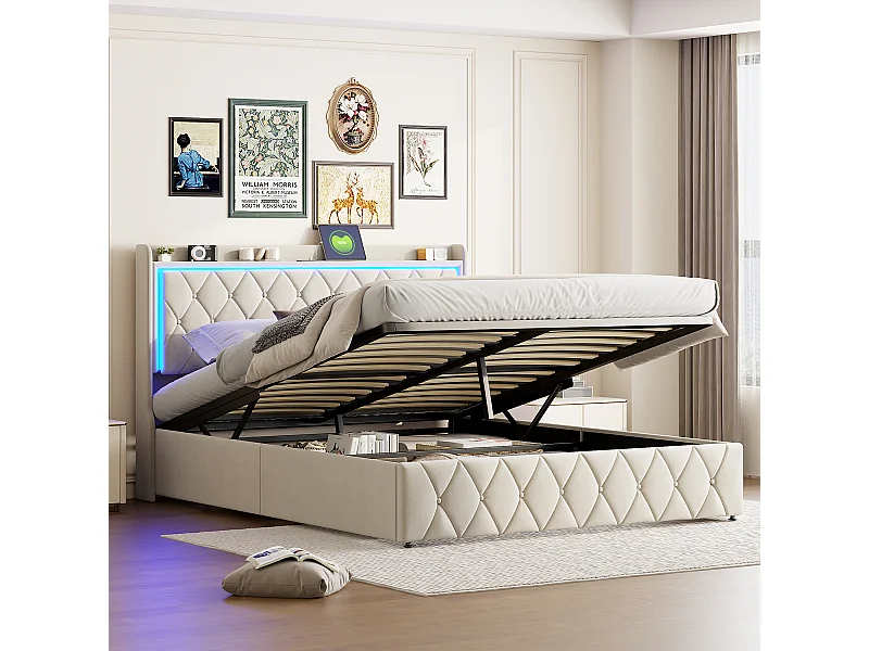 lit 140x190 cm avec sommier, avec LED élégant, Fonction de Charge USB et Rangement, Velours, Beige
