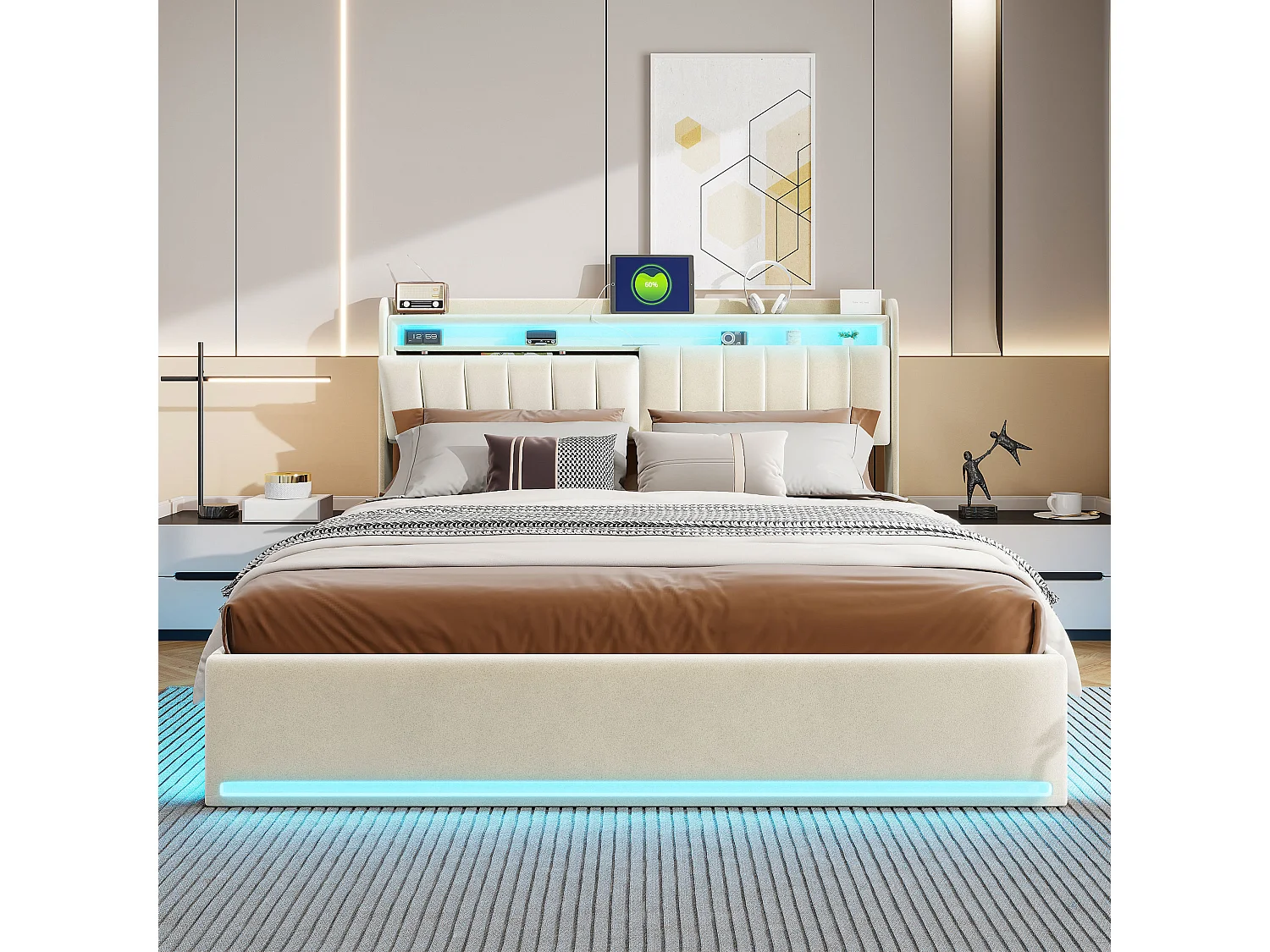 Cama doble de 160 x 200 cm con almacenaje, iluminación LED y puerto USB, cabecero y almacenaje, tapizada en terciopelo beige.