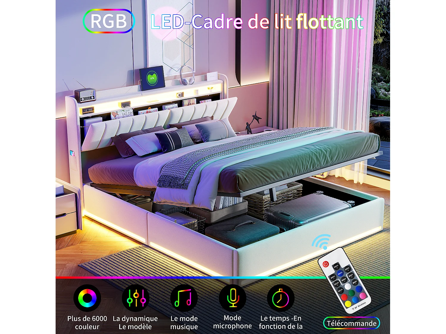 Cama doble de 160 x 200 cm con almacenaje, iluminación LED y puerto USB, cabecero y almacenaje, tapizada en terciopelo beige.
