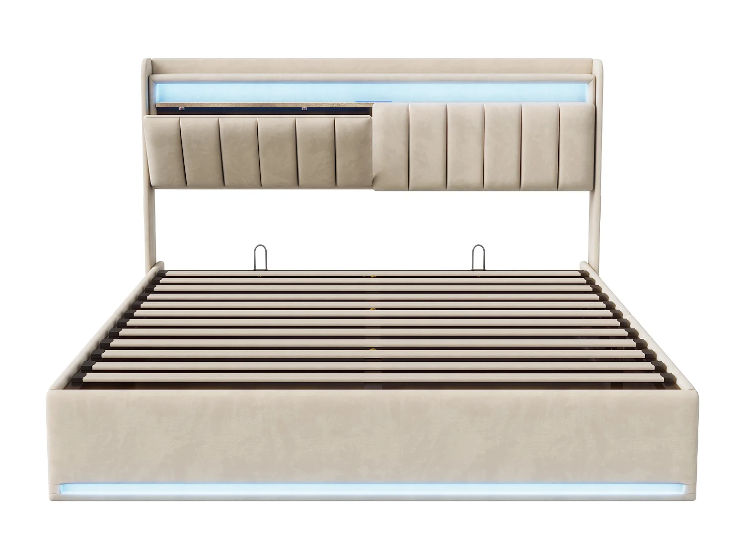 Cama doble de 160 x 200 cm con almacenaje, iluminación LED y puerto USB, cabecero y almacenaje, tapizada en terciopelo beige.