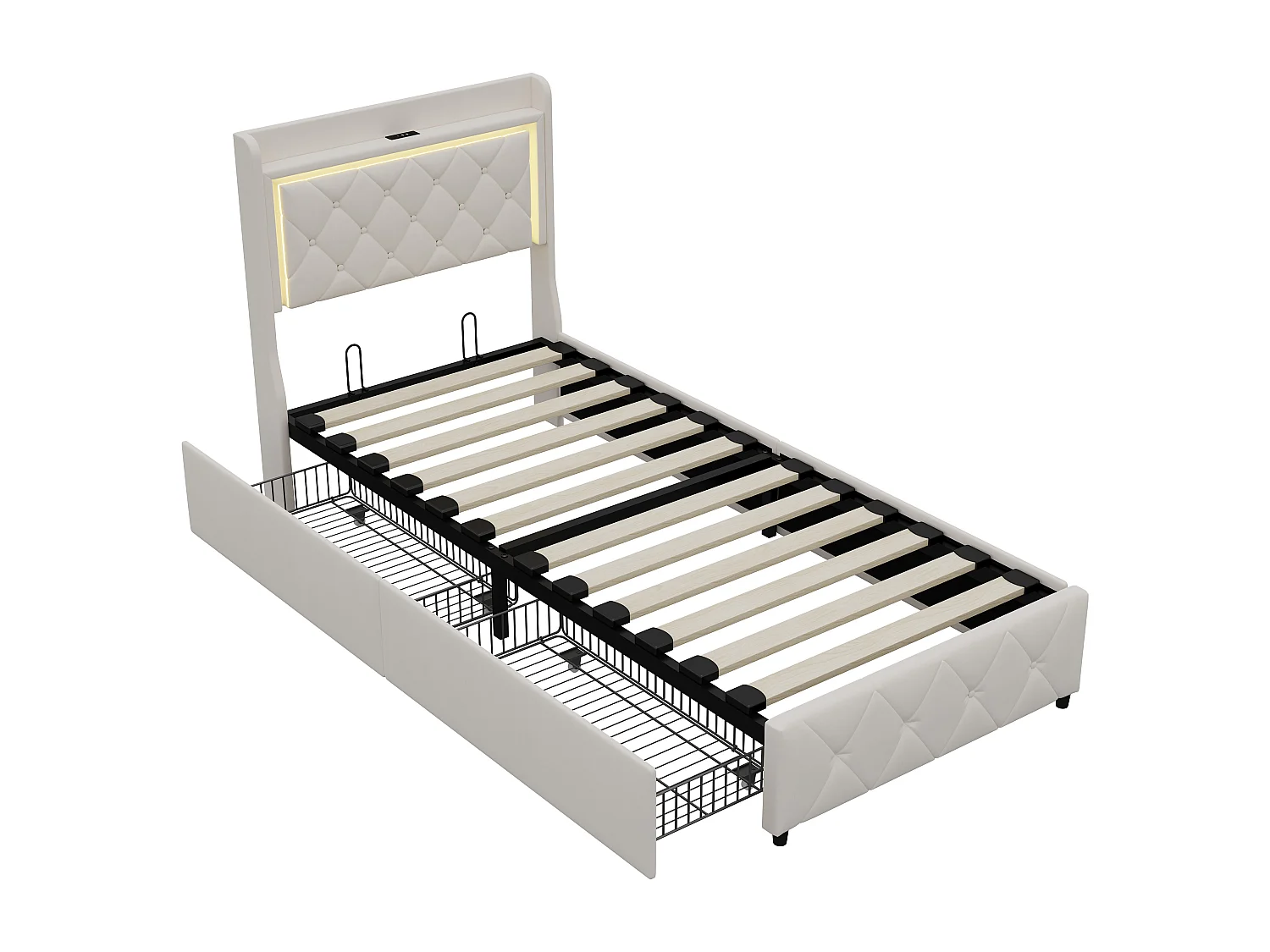 Lit coffre 90x200 cm avec LED, ports USB, 2 tiroirs et tête de lit à rangement, sommier inclus,beige