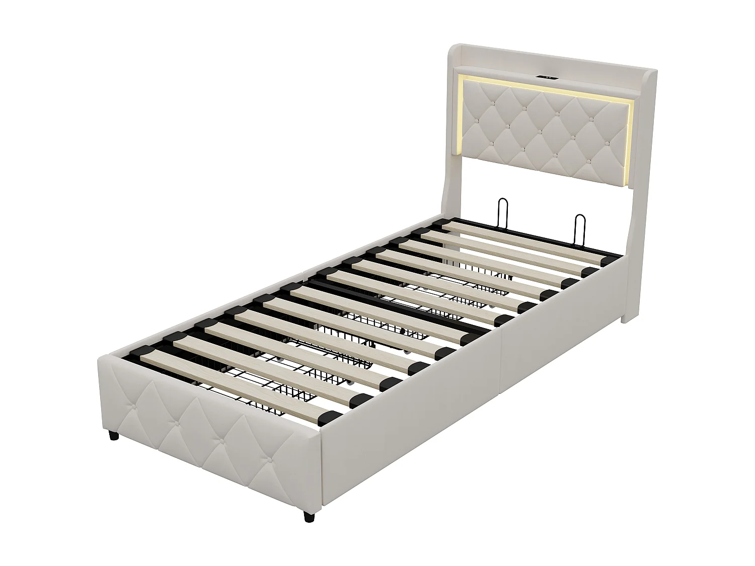 Lit coffre 90x200 cm avec LED, ports USB, 2 tiroirs et tête de lit à rangement, sommier inclus,beige