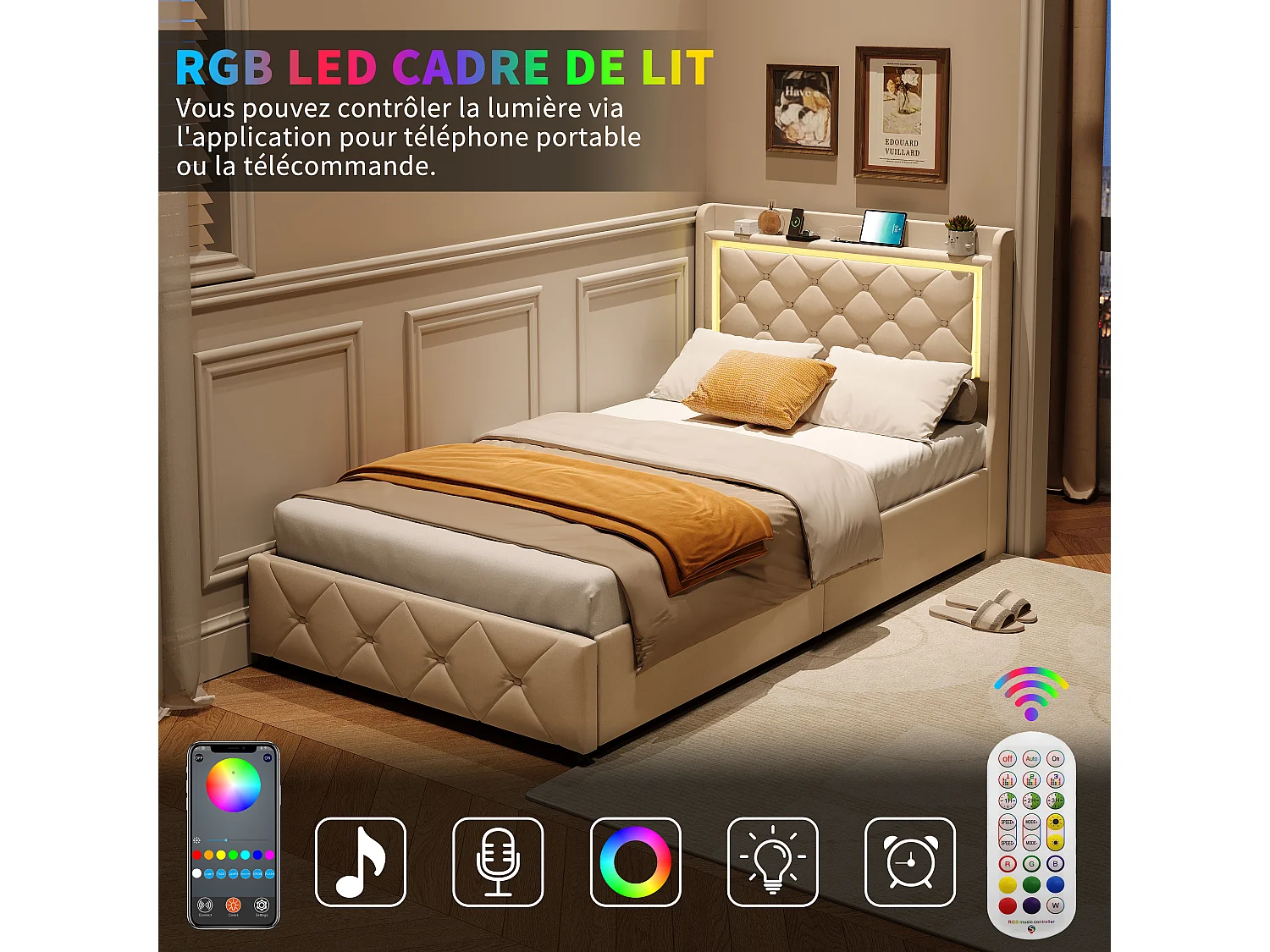 90 x 200 cm großes Bett mit Stauraum, LED-Beleuchtung, USB-Anschlüssen, 2 Schubladen und Stauraum im Kopfteil, inklusive Lattenrost, beige