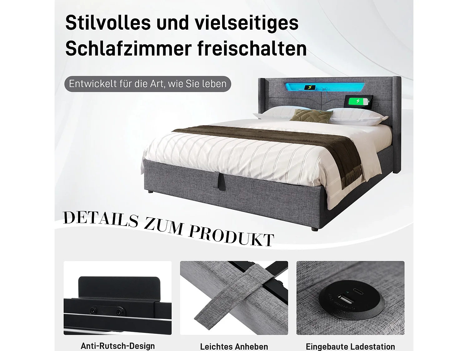 Lit double 140 x 190 cm, LED, ports USB, espace de rangement et sommier à lattes, lin, girs