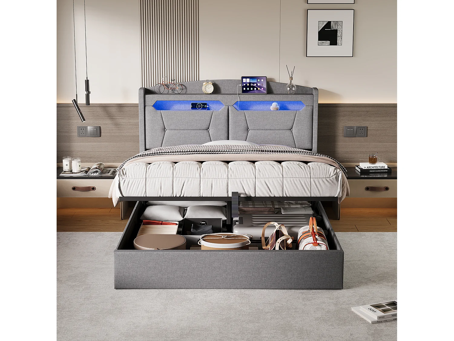 Letto matrimoniale 140 x 190 cm, illuminazione a LED, porte USB, spazio di archiviazione e rete a doghe, lino, grigio