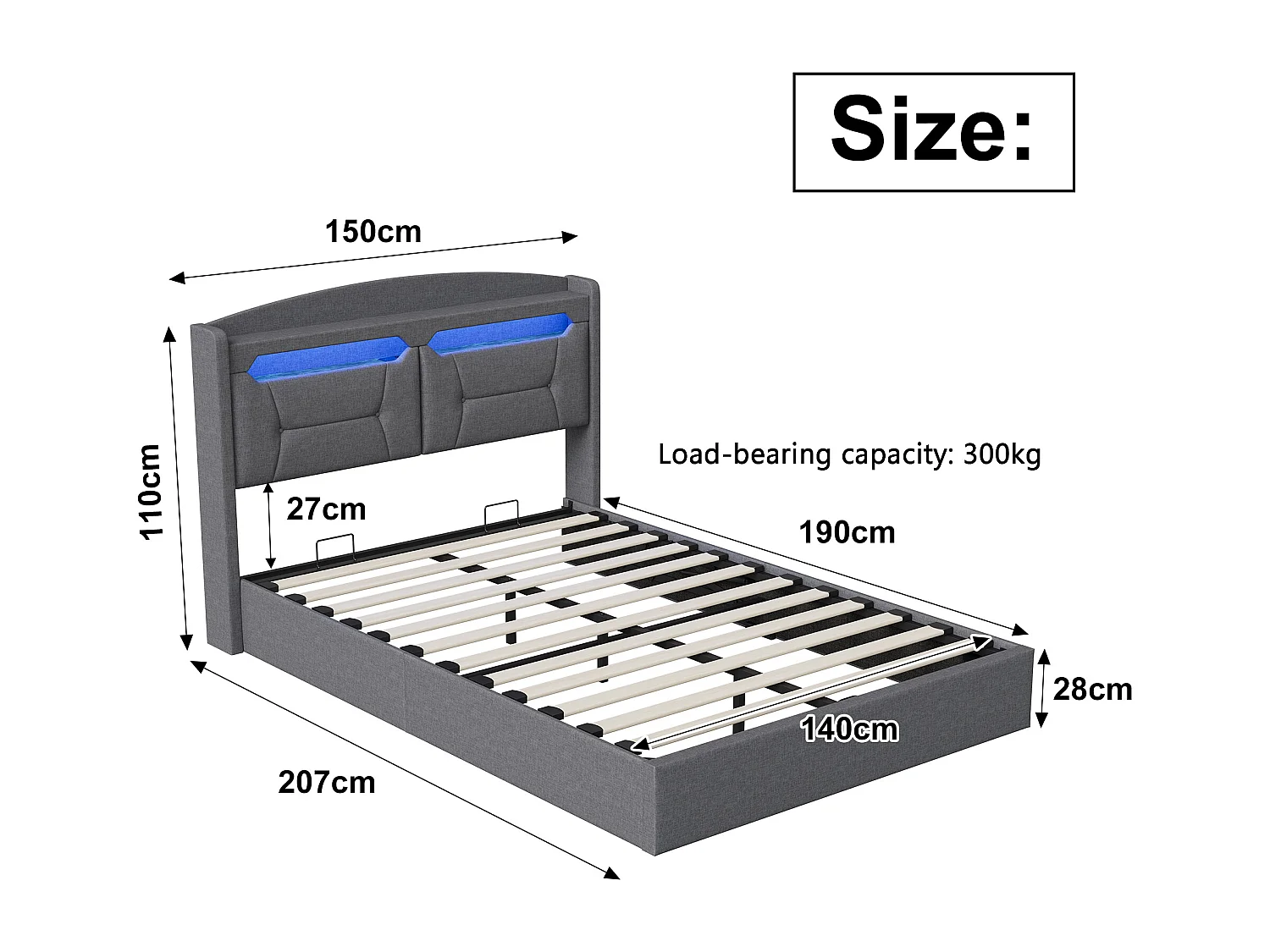 lit Coffre 140x190 cm avec LED et Port USB, Rangement Caché en Tête de Lit Capitonné, sommier à Lattes, Lin, Gris