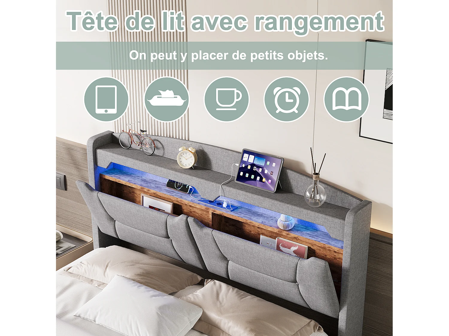 lit Coffre 140x190 cm avec LED et Port USB, Rangement Caché en Tête de Lit Capitonné, sommier à Lattes, Lin, Gris