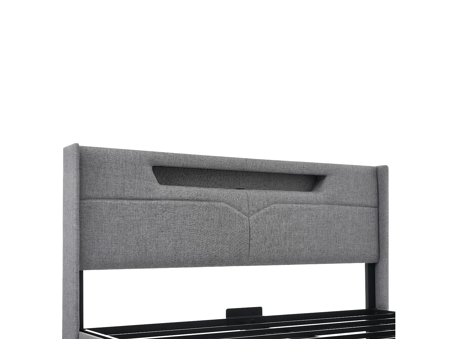 lit Coffre 140x190 cm avec LED et Port USB, Rangement Caché en Tête de Lit Capitonné, sommier à Lattes, Lin, Gris
