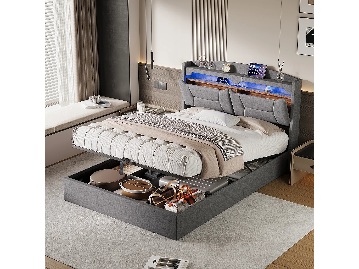 lit Coffre 140x190 cm avec LED et Port USB, Rangement Caché en Tête de Lit Capitonné, sommier à Lattes, Lin, Gris