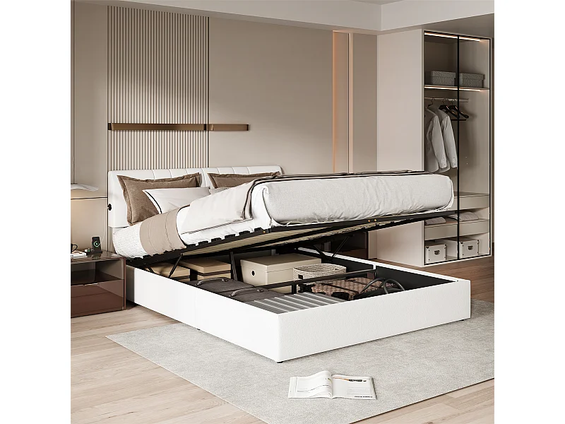 Gestoffeerd boxspringbed, 140 x 200 cm, met lattenbodem en opbergruimte, crème