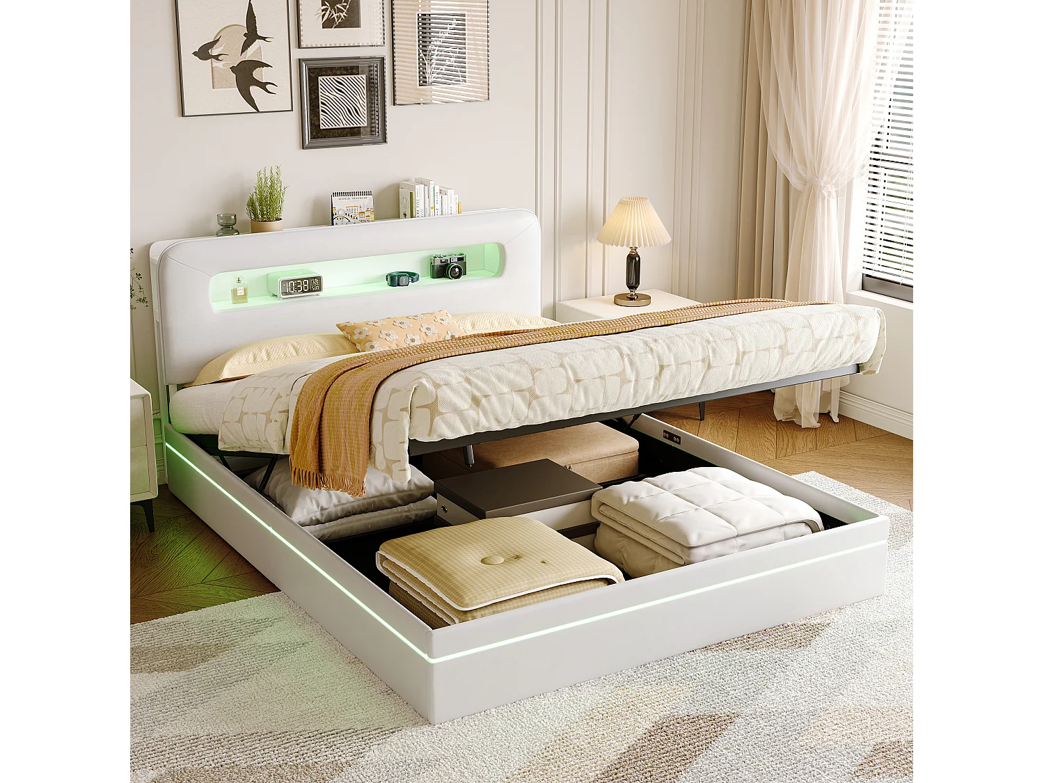 Letto contenitore 140x200 cm con testiera, illuminazione a LED e apertura idraulica, velluto, beige