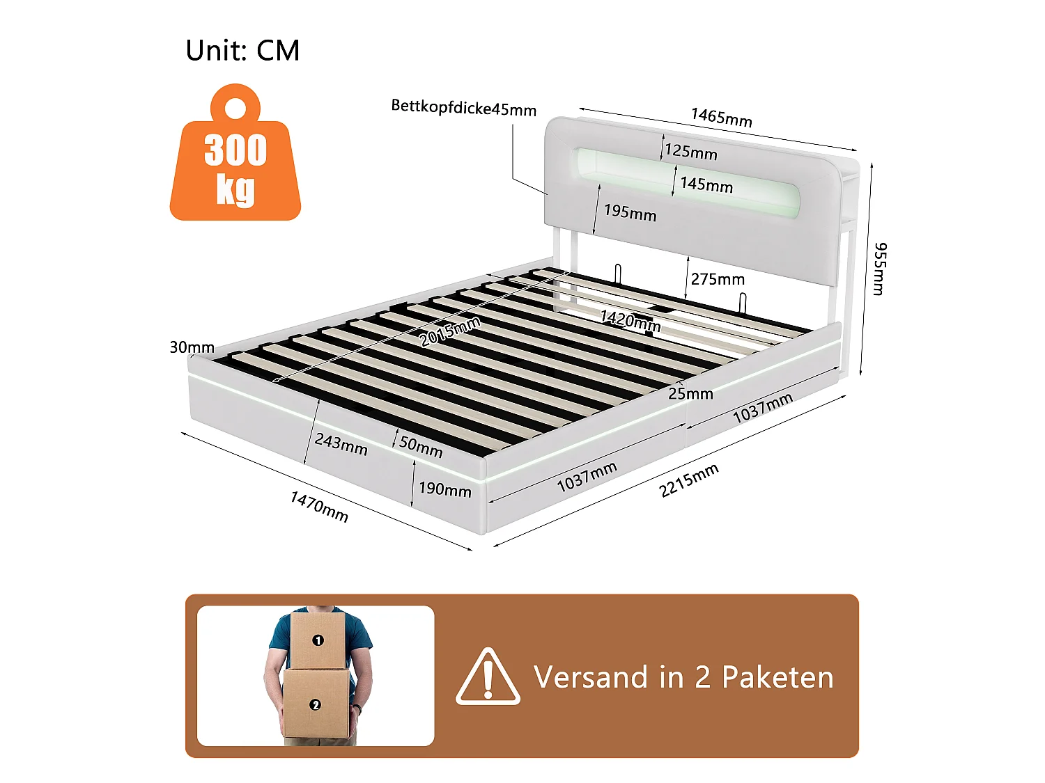 Letto contenitore 140x200 cm con testiera, illuminazione a LED e apertura idraulica, velluto, beige