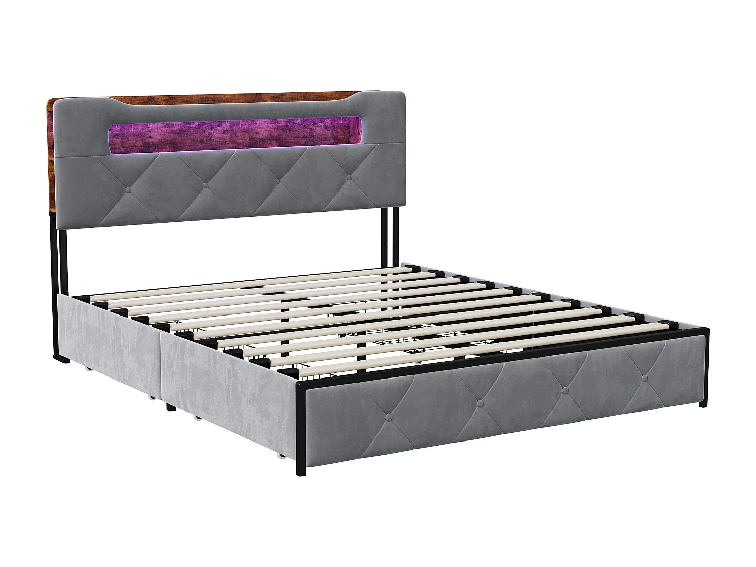 Bed 140x200 cm met LED en USB lattenbodem, gestoffeerd met 3 laden, hoofdbord met opbergruimte, fluweel, grijs
