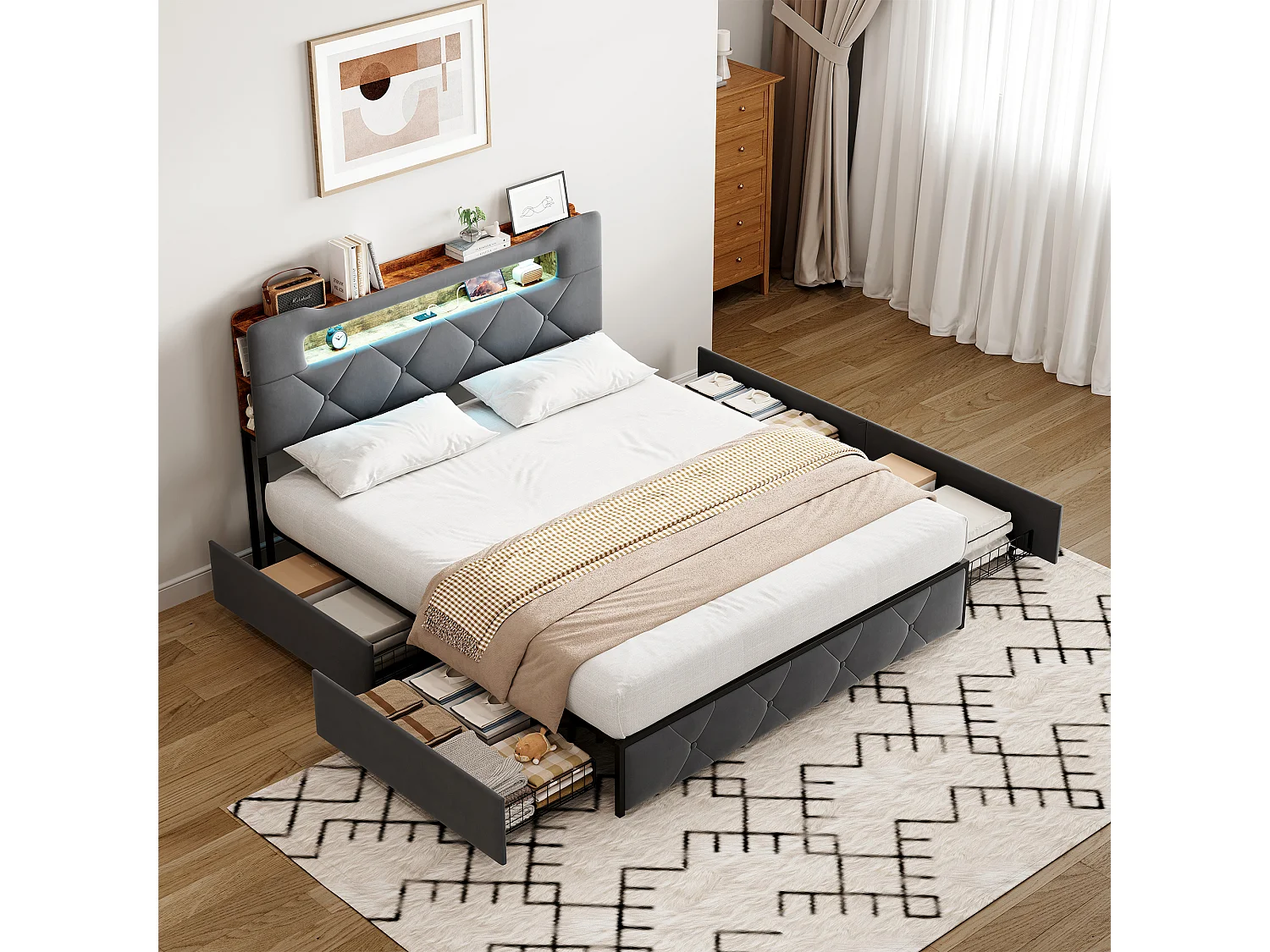 Bed 140x200 cm met LED en USB lattenbodem, gestoffeerd met 3 laden, hoofdbord met opbergruimte, fluweel, grijs