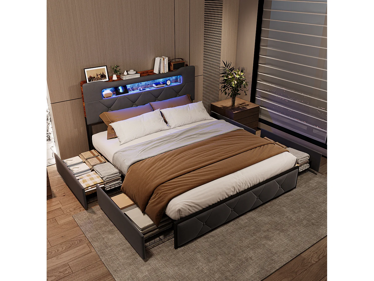 Bed 140x200 cm met LED en USB lattenbodem, gestoffeerd met 3 laden, hoofdbord met opbergruimte, fluweel, grijs