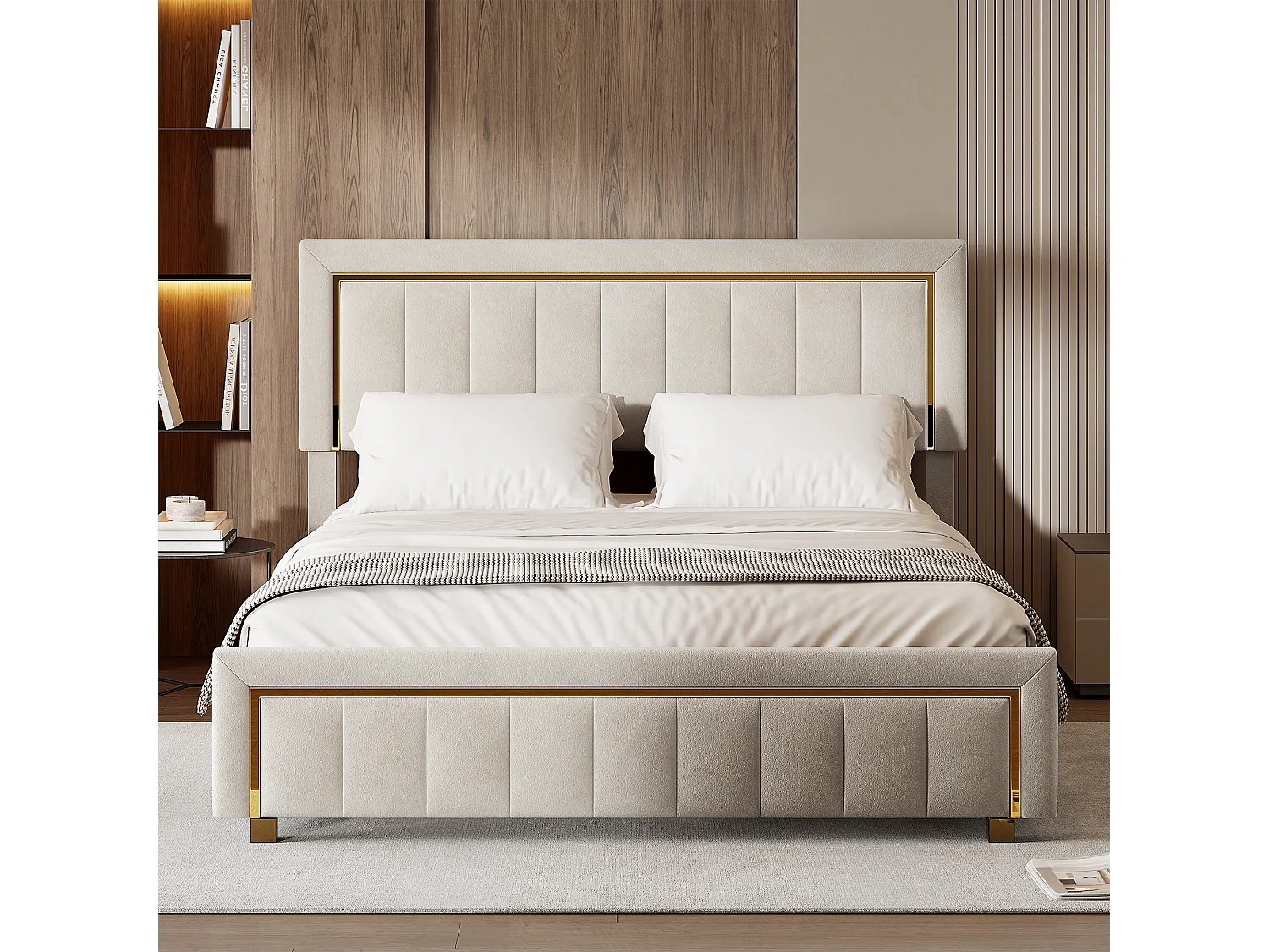 Lit Coffre 140 x 190 cm, Lit Double avec sommier à Lattes, Bords Verticaux Dorés, Velours, Beige