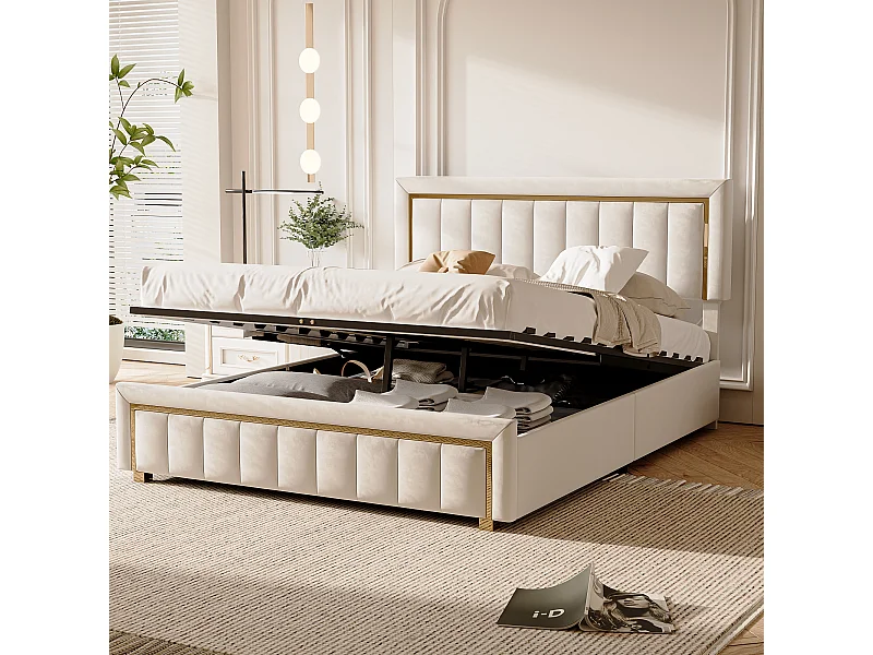 Lit Coffre 140 x 190 cm, Lit Double avec sommier à Lattes, Bords Verticaux Dorés, Velours, Beige