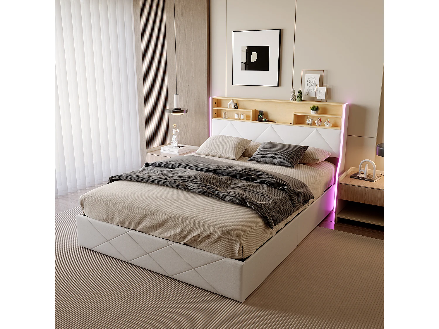 Letto contenitore 140x200cm con LED e porte USB, con contenitore e testiera, con rete a doghe, PU, bianco