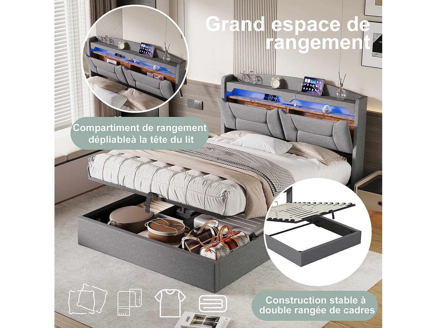 lit Coffre 140x200 cm avec LED et Port USB, Rangement Caché en Tête de Lit Capitonné, sommier à Lattes, Lin, Gris