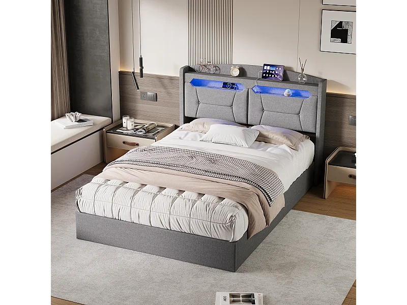 Cama de casal 140 x 200 cm, iluminação LED, entradas USB, espaço de arrumação e estrado de ripas, roupa de cama, cinza